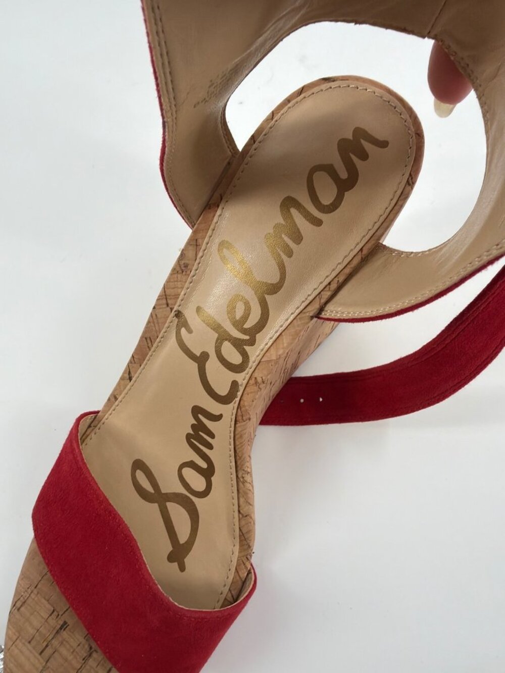 Sam Edelman Willow Womens 9.5M Red Suede Cork Wedge Sandals Ankle Strap Coastal - Picture 5 of 9